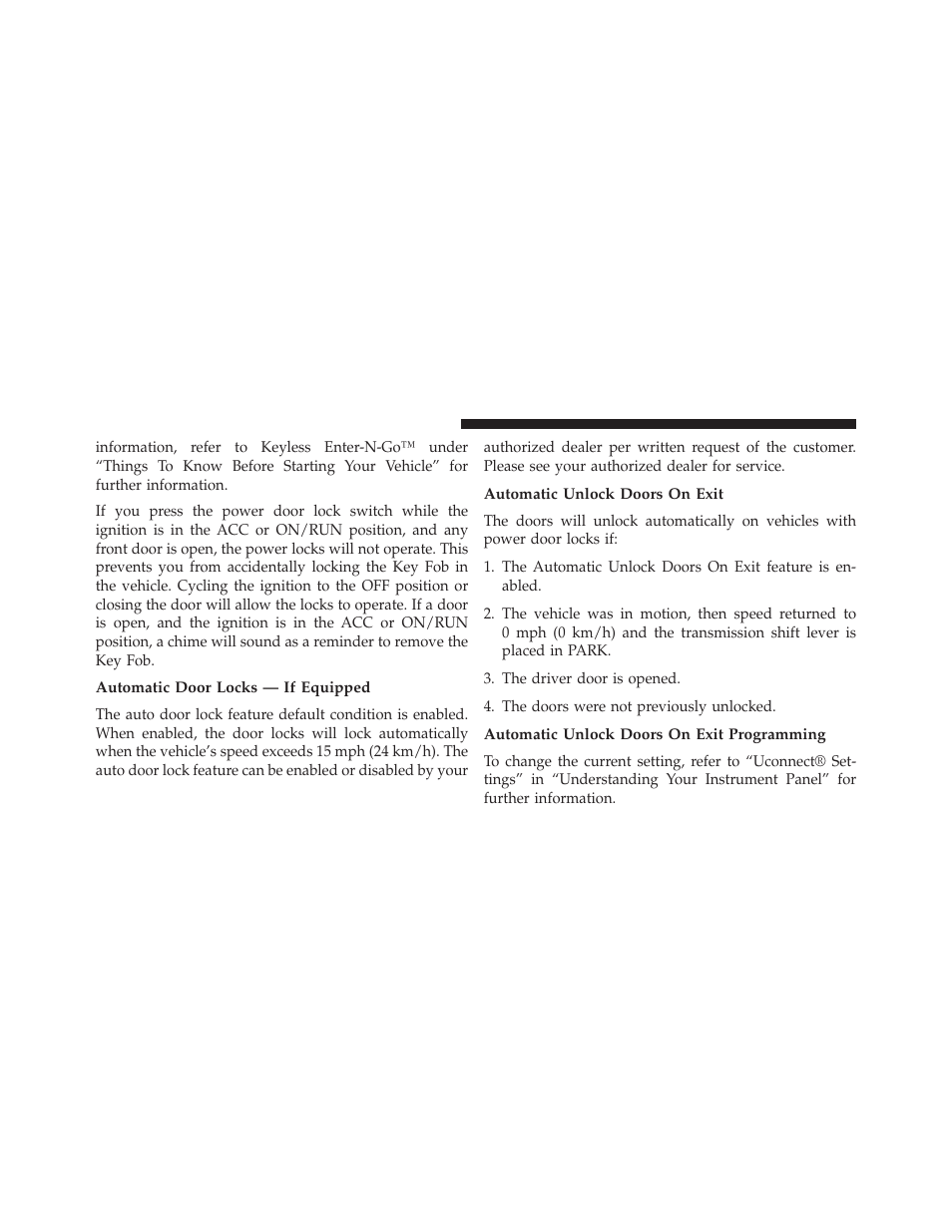 Automatic door locks — if equipped, Automatic unlock doors on exit, Automatic unlock doors on exit programming | Dodge 2014 Charger - Owner Manual User Manual | Page 34 / 635