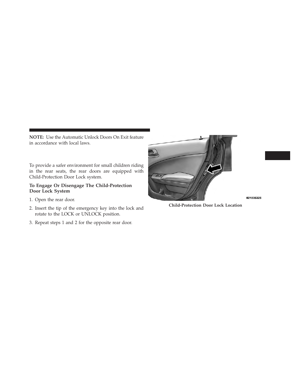 Child-protection door lock system — rear doors, Child-protection door lock system, Rear doors | Dodge 2014 Charger - Owner Manual User Manual | Page 35 / 635