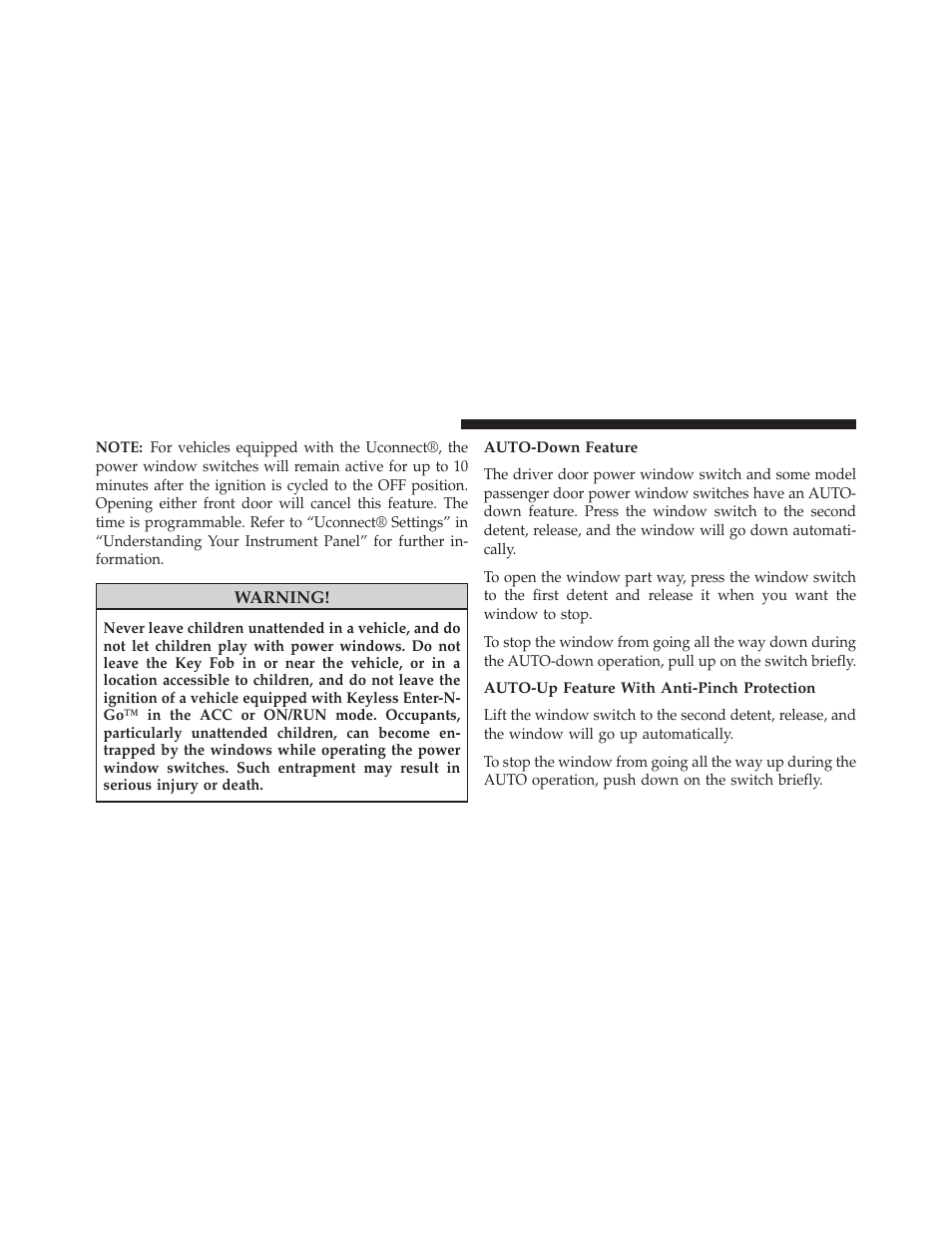 Auto-down feature, Auto-up feature with anti-pinch protection | Dodge 2014 Charger - Owner Manual User Manual | Page 42 / 635