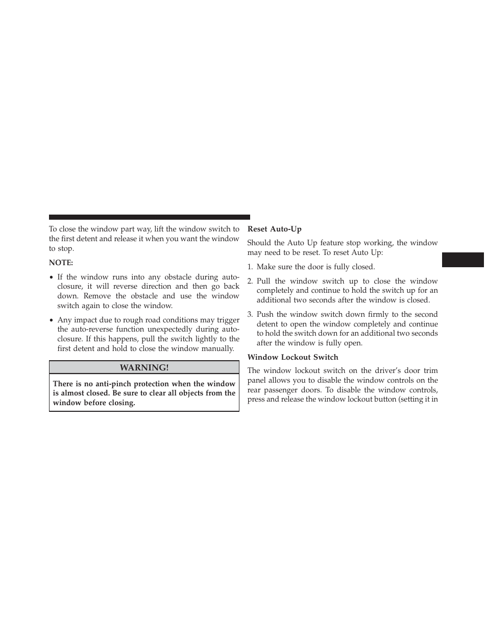 Reset auto-up, Window lockout switch | Dodge 2014 Charger - Owner Manual User Manual | Page 43 / 635