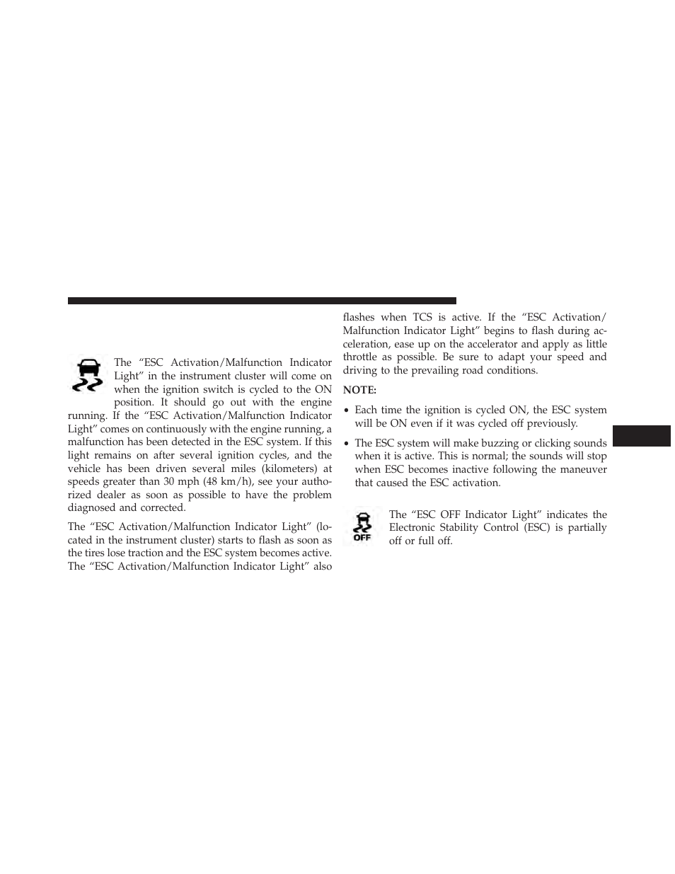 Esc activation/malfunction indicator light and, Esc off indicator light | Dodge 2014 Charger - Owner Manual User Manual | Page 441 / 635