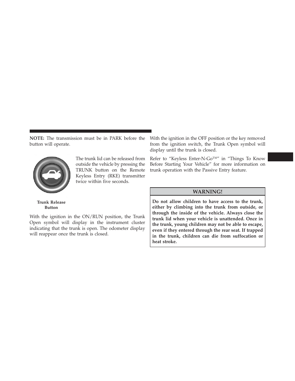 Trunk safety warning | Dodge 2014 Charger - Owner Manual User Manual | Page 45 / 635