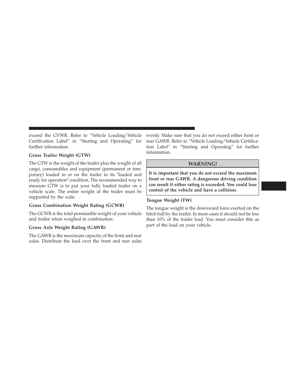 Gross trailer weight (gtw), Gross combination weight rating (gcwr), Gross axle weight rating (gawr) | Tongue weight (tw) | Dodge 2014 Charger - Owner Manual User Manual | Page 493 / 635