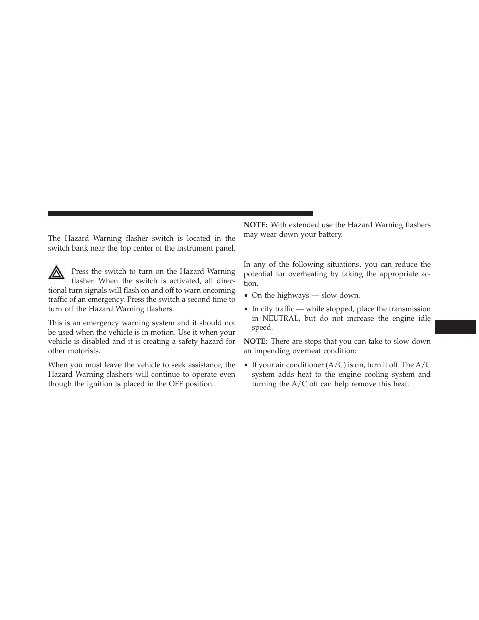 Hazard warning flashers, If your engine overheats | Dodge 2014 Charger - Owner Manual User Manual | Page 507 / 635