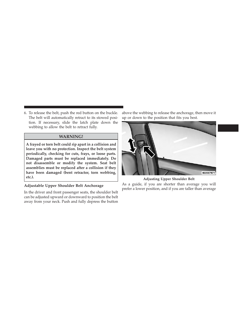 Adjustable upper shoulder belt anchorage | Dodge 2014 Charger - Owner Manual User Manual | Page 55 / 635