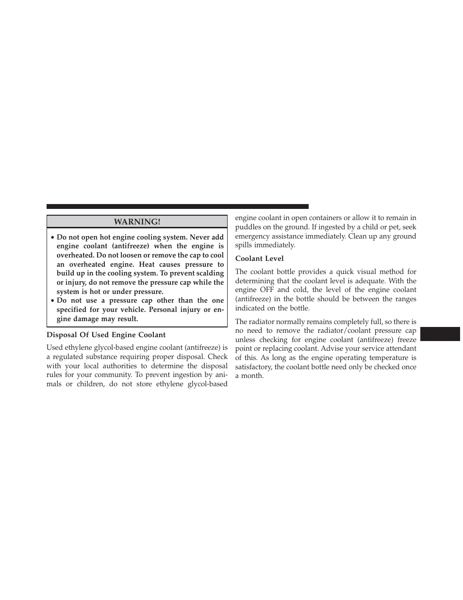 Disposal of used engine coolant, Coolant level | Dodge 2014 Charger - Owner Manual User Manual | Page 559 / 635