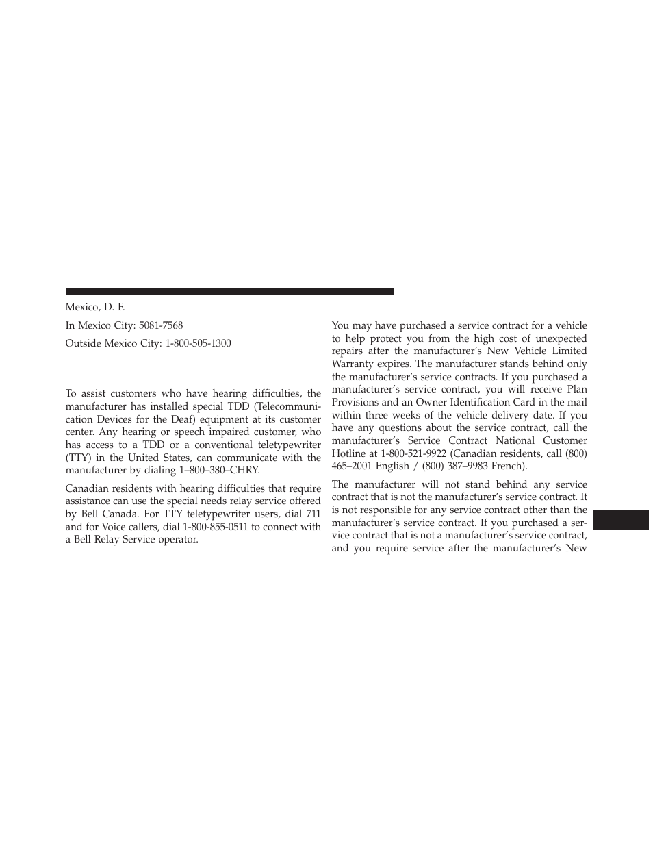 Service contract, Customer assistance for the hearing or speech, Impaired (tdd/tty) | Dodge 2014 Charger - Owner Manual User Manual | Page 605 / 635