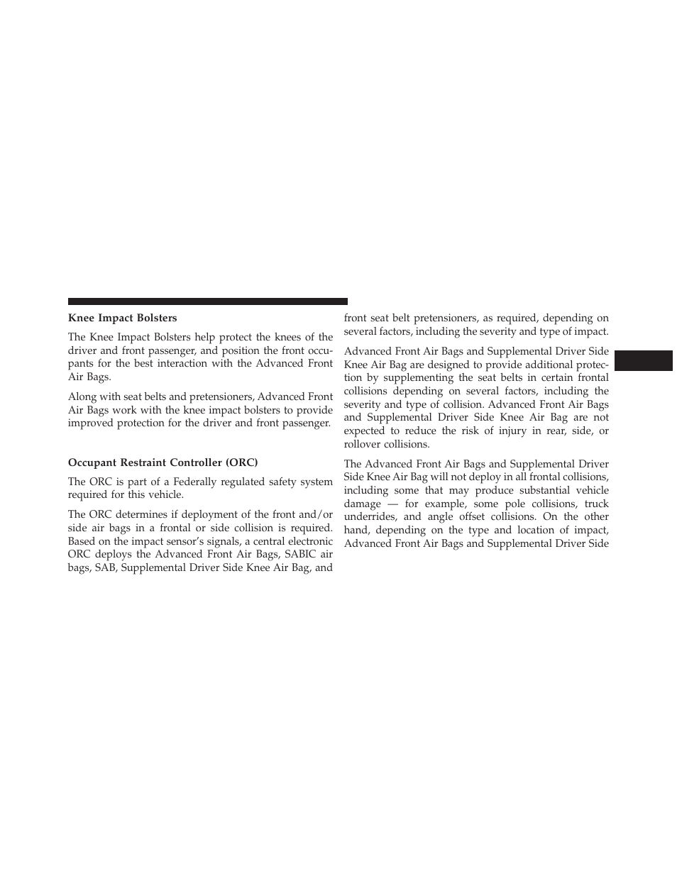 Knee impact bolsters, Air bag deployment sensors and controls, Occupant restraint controller (orc) | Dodge 2014 Charger - Owner Manual User Manual | Page 67 / 635