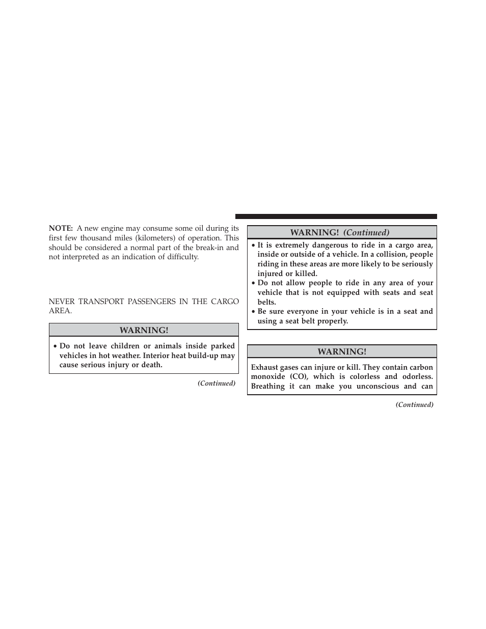 Safety tips, Transporting passengers, Exhaust gas | Dodge 2014 Charger - Owner Manual User Manual | Page 98 / 635