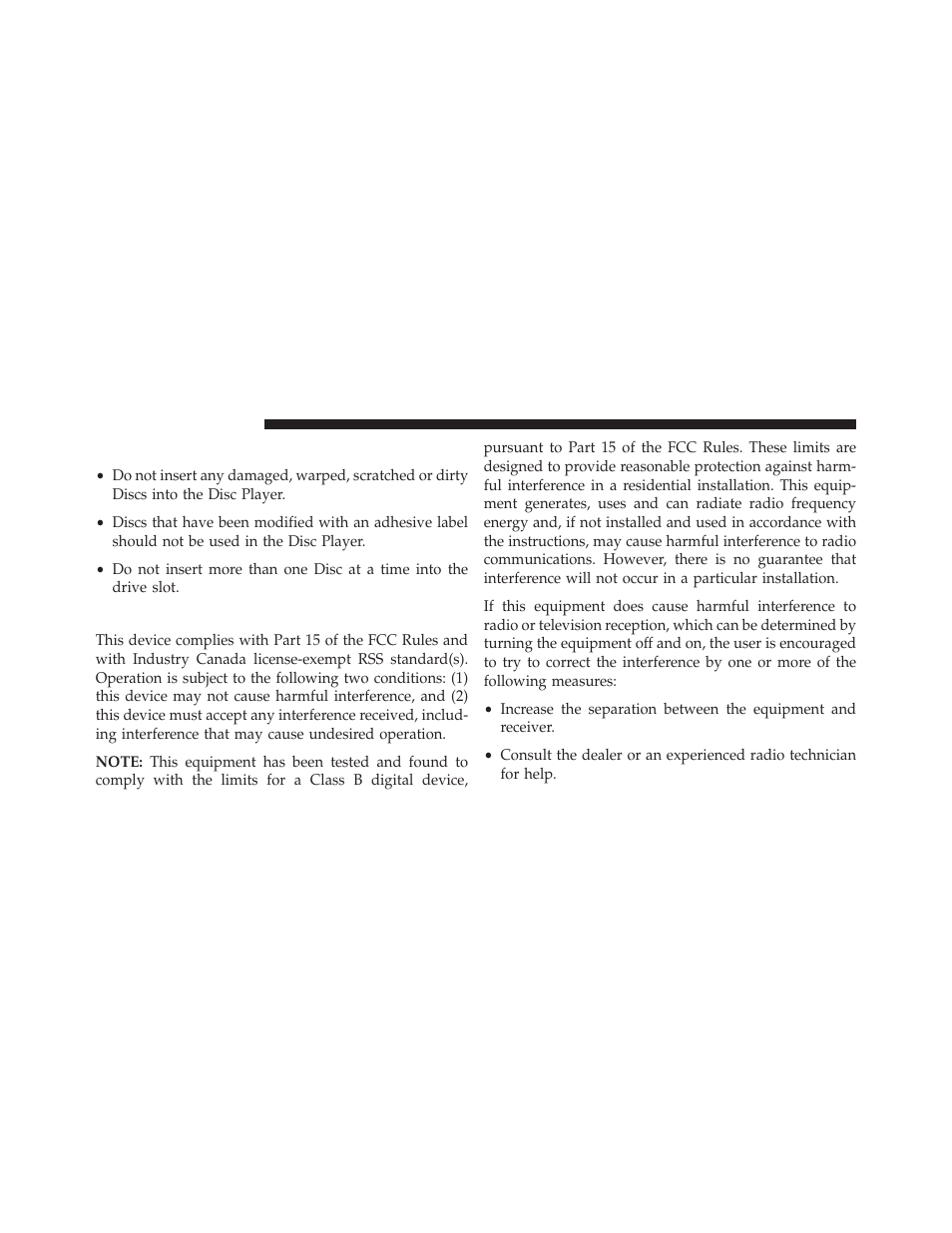 Disc drive, Fcc declaration | Chrysler 2014 300 SRT - Uconnect 4.3/8.4 Manual User Manual | Page 121 / 123