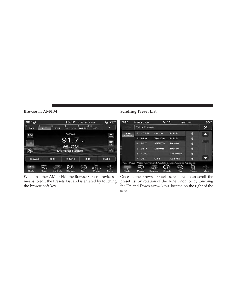 Browse in am/fm, Scrolling preset list | Chrysler 2014 300 SRT - Uconnect 4.3/8.4 Manual User Manual | Page 13 / 123