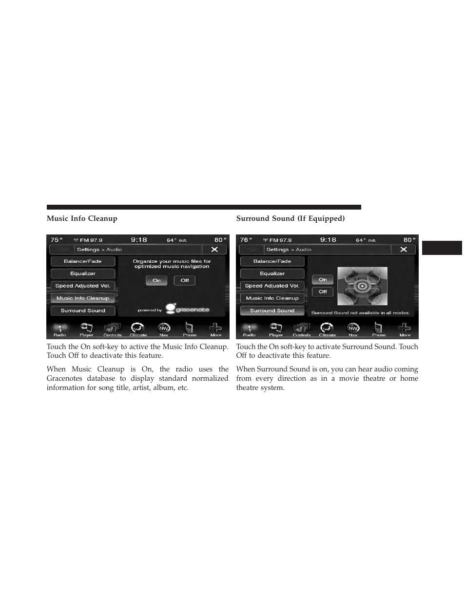 Music info cleanup, Surround sound (if equipped) | Chrysler 2014 300 SRT - Uconnect 4.3/8.4 Manual User Manual | Page 24 / 123