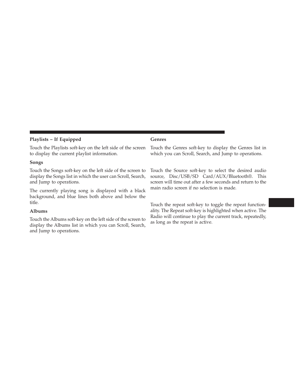 Playlists – if equipped, Songs, Albums | Genres, Source, Repeat | Chrysler 2014 300 SRT - Uconnect 4.3/8.4 Manual User Manual | Page 52 / 123