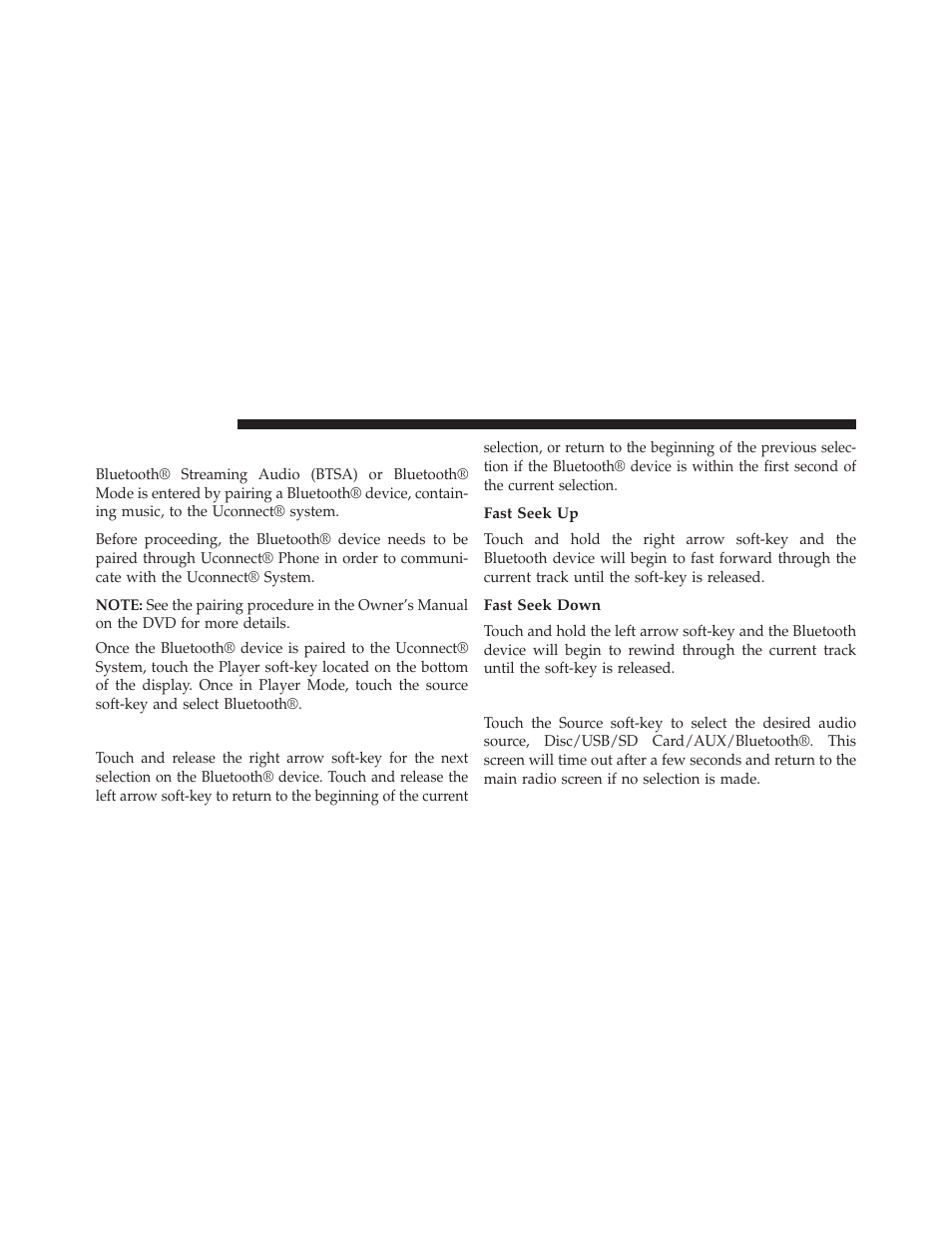 Overview, Seek up/down, Fast seek up | Fast seek down, Source | Chrysler 2014 300 SRT - Uconnect 4.3/8.4 Manual User Manual | Page 55 / 123