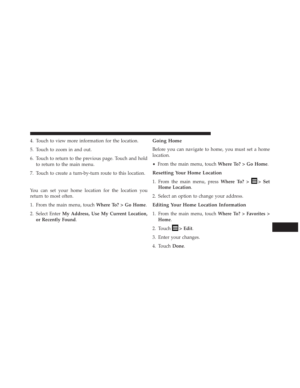 Setting a home location, Going home, Resetting your home location | Editing your home location information | Chrysler 2014 300 SRT - Uconnect 4.3/8.4 Manual User Manual | Page 68 / 123