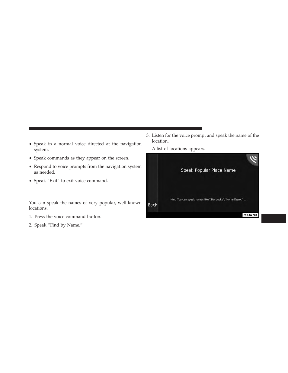 Tips for using voice commands, Navigating to a popular location using voice, Commands | Chrysler 2014 300 SRT - Uconnect 4.3/8.4 Manual User Manual | Page 74 / 123