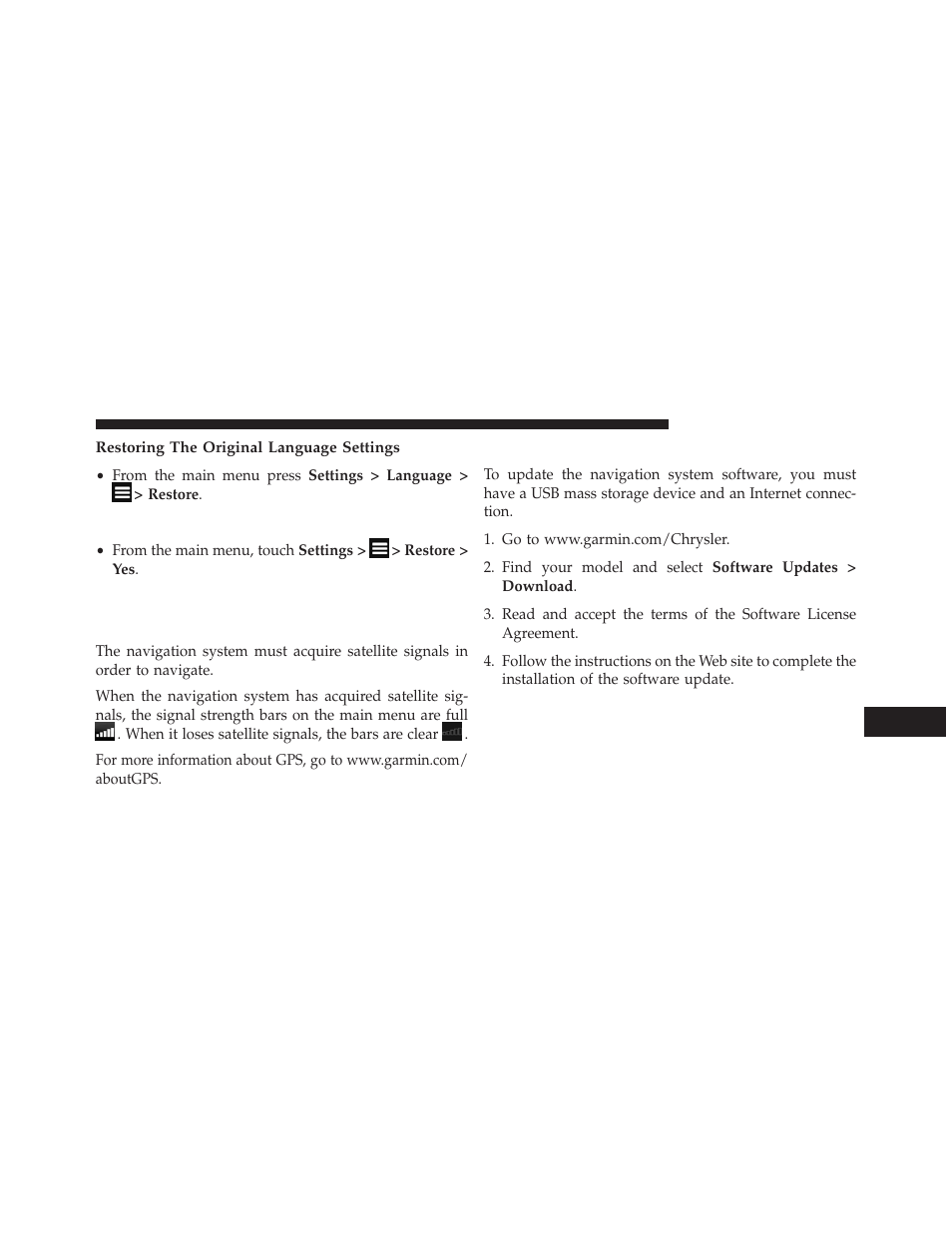 Restoring the original language settings, Restoring all original settings, Appendix | About gps satellite signals, Updating the software | Chrysler 2014 300 SRT - Uconnect 4.3/8.4 Manual User Manual | Page 88 / 123