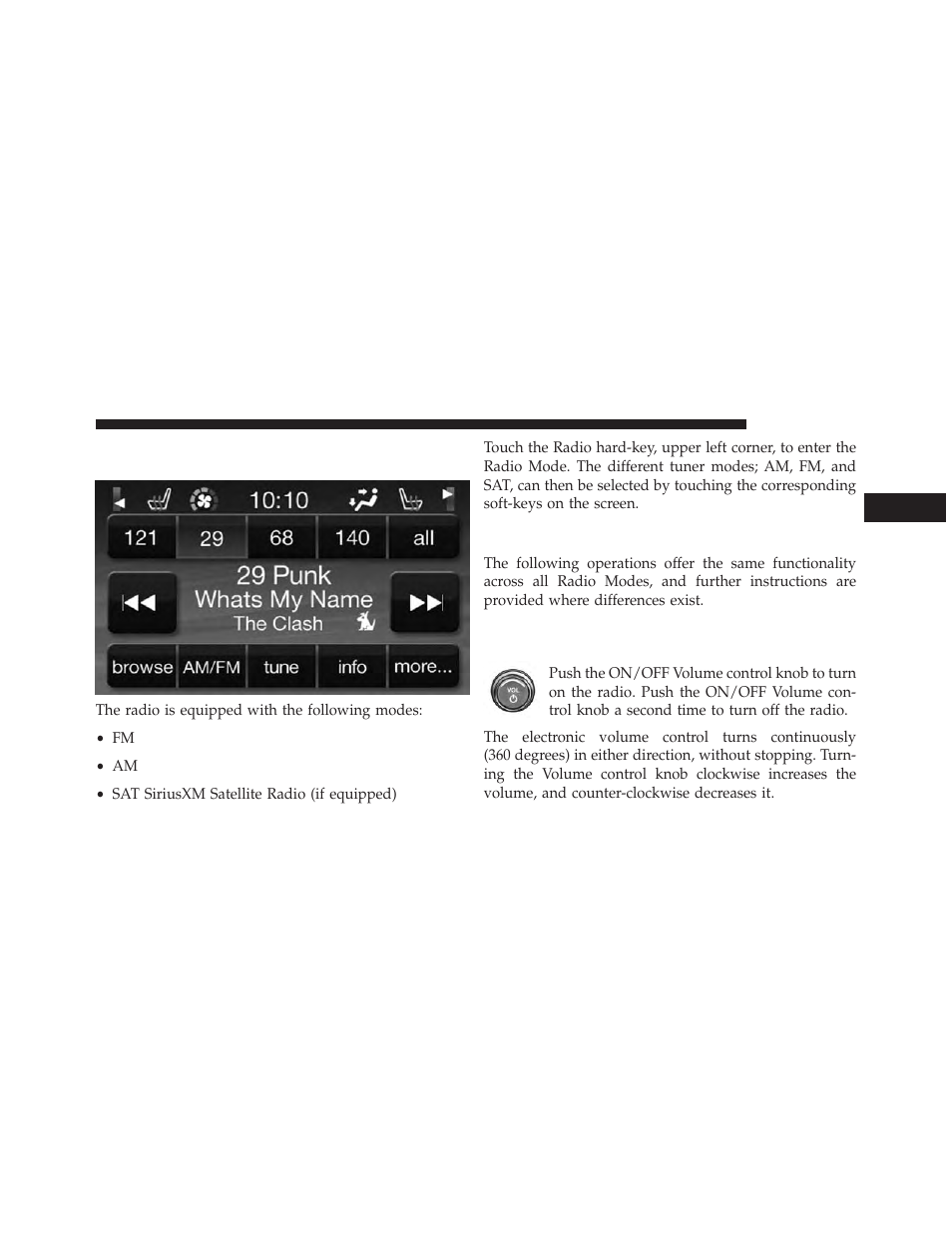 Overview, Common radio functions, On/off & volume control | Dodge 2014 Journey - Uconnect 4.3 Manual User Manual | Page 10 / 45