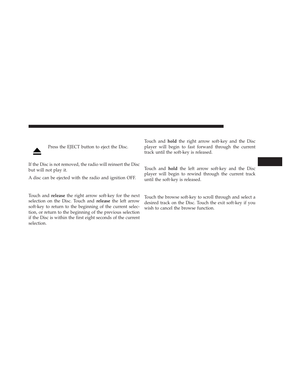 Eject button — ejecting a disc, Seek up/down, Fast seek up | Fast seek down, Browse | Dodge 2014 Journey - Uconnect 4.3 Manual User Manual | Page 22 / 45