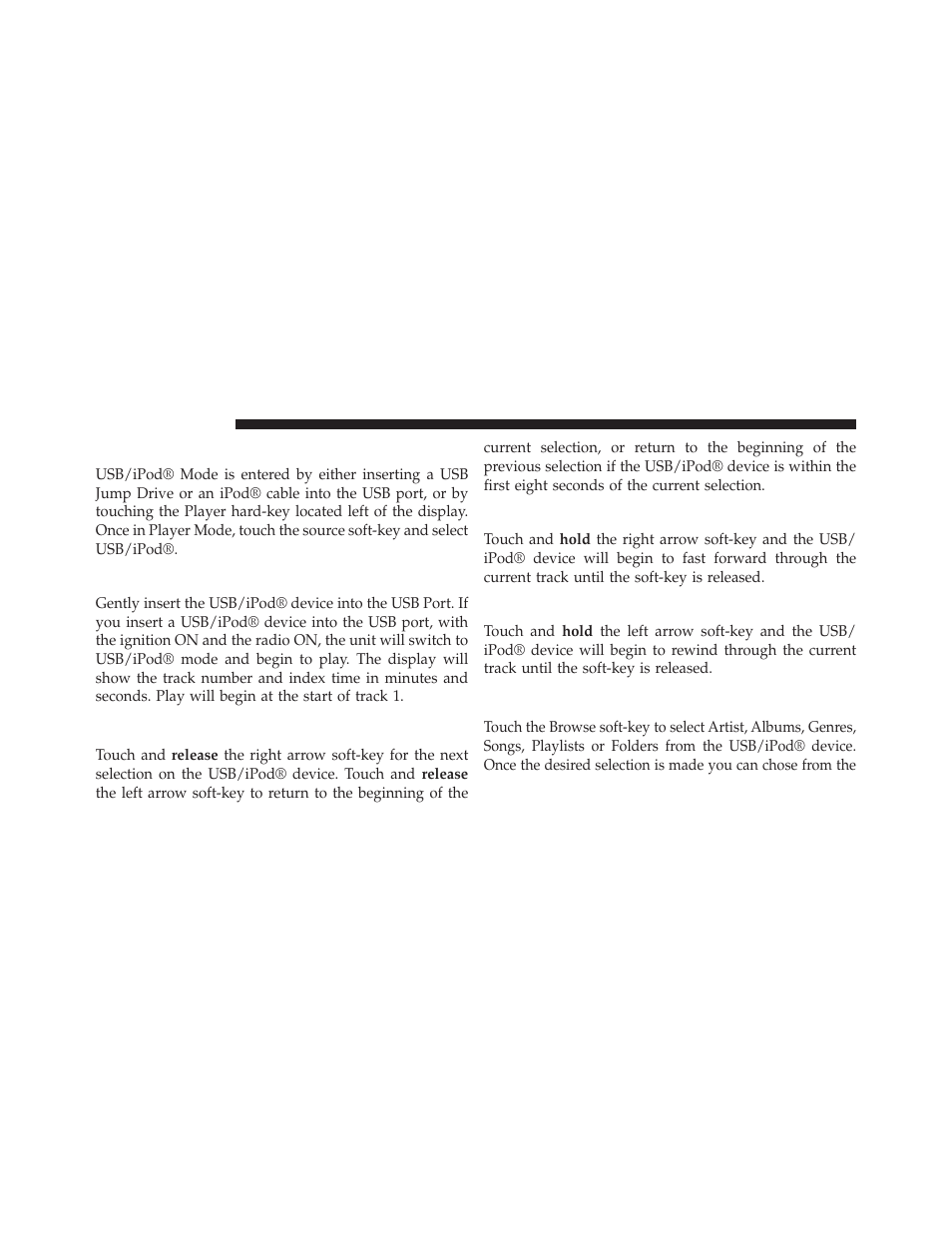 Overview, Inserting usb/ipod® device, Seek up/down | Fast seek up, Fast seek down, Browse | Dodge 2014 Journey - Uconnect 4.3 Manual User Manual | Page 25 / 45