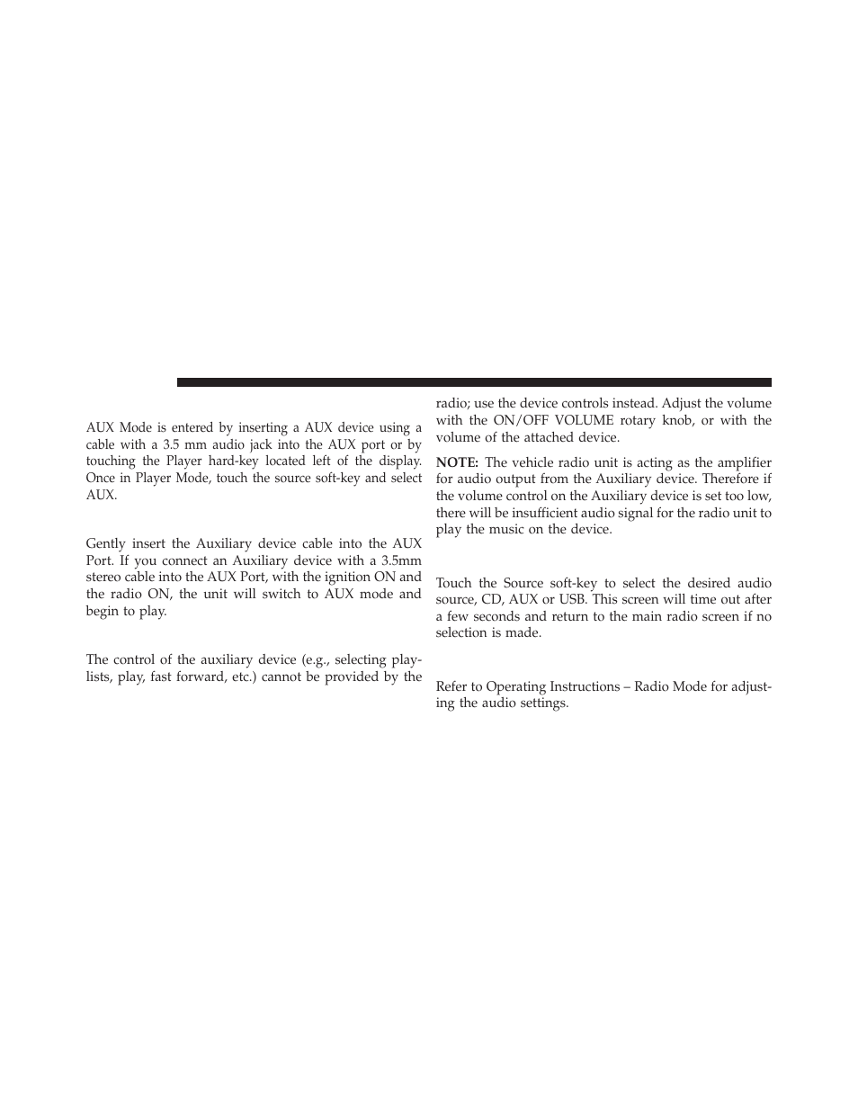 Overview, Inserting auxiliary device, Controlling the auxiliary device | Source, Audio | Dodge 2014 Journey - Uconnect 4.3 Manual User Manual | Page 29 / 45