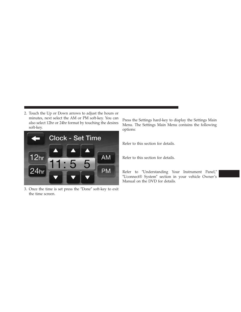 Settings main menu, Display, Clock | Safety/assistance | Dodge 2014 Journey - Uconnect 4.3 Manual User Manual | Page 36 / 45