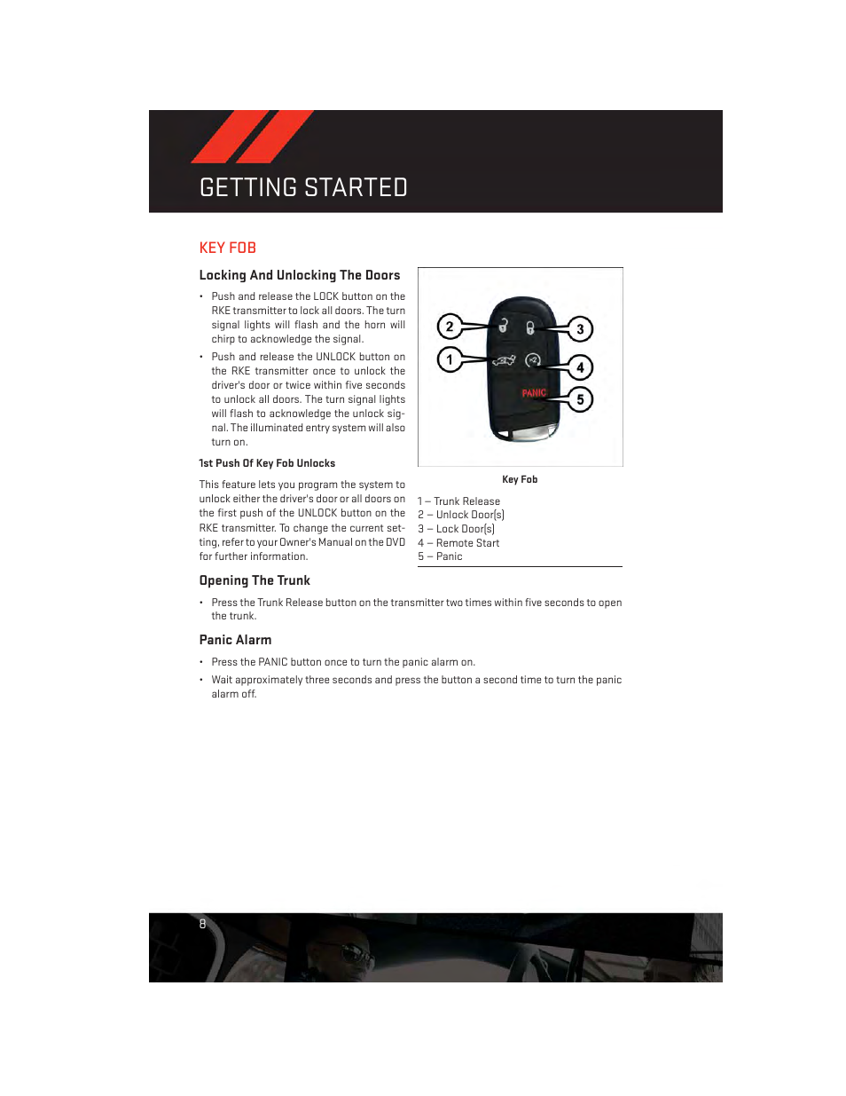 Getting started, Key fob, Locking and unlocking the doors | Opening the trunk, Panic alarm | Dodge 2014 Charger - User Guide User Manual | Page 10 / 148