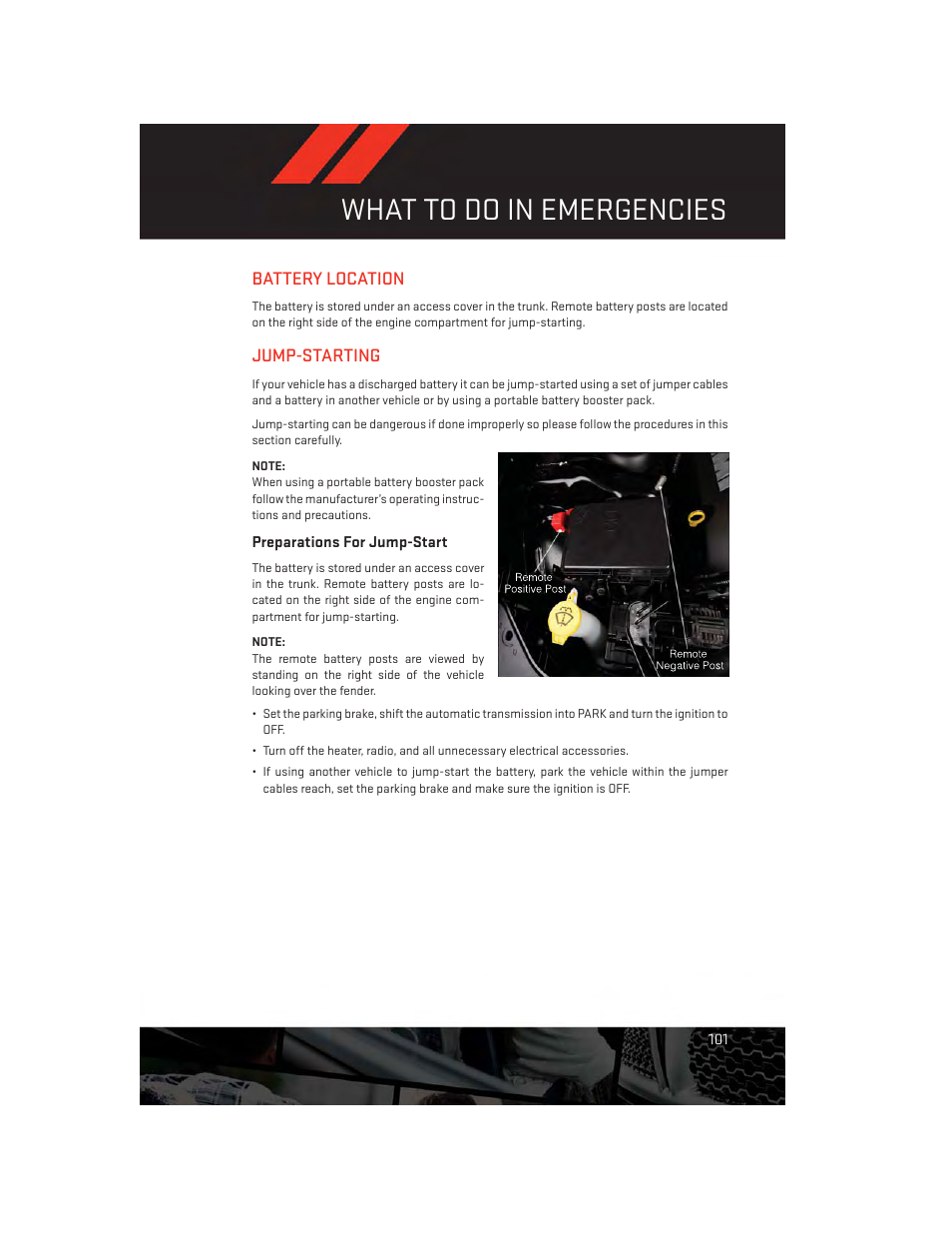 Battery location, Jump-starting, Preparations for jump-start | Battery location jump-starting, What to do in emergencies | Dodge 2014 Charger - User Guide User Manual | Page 103 / 148