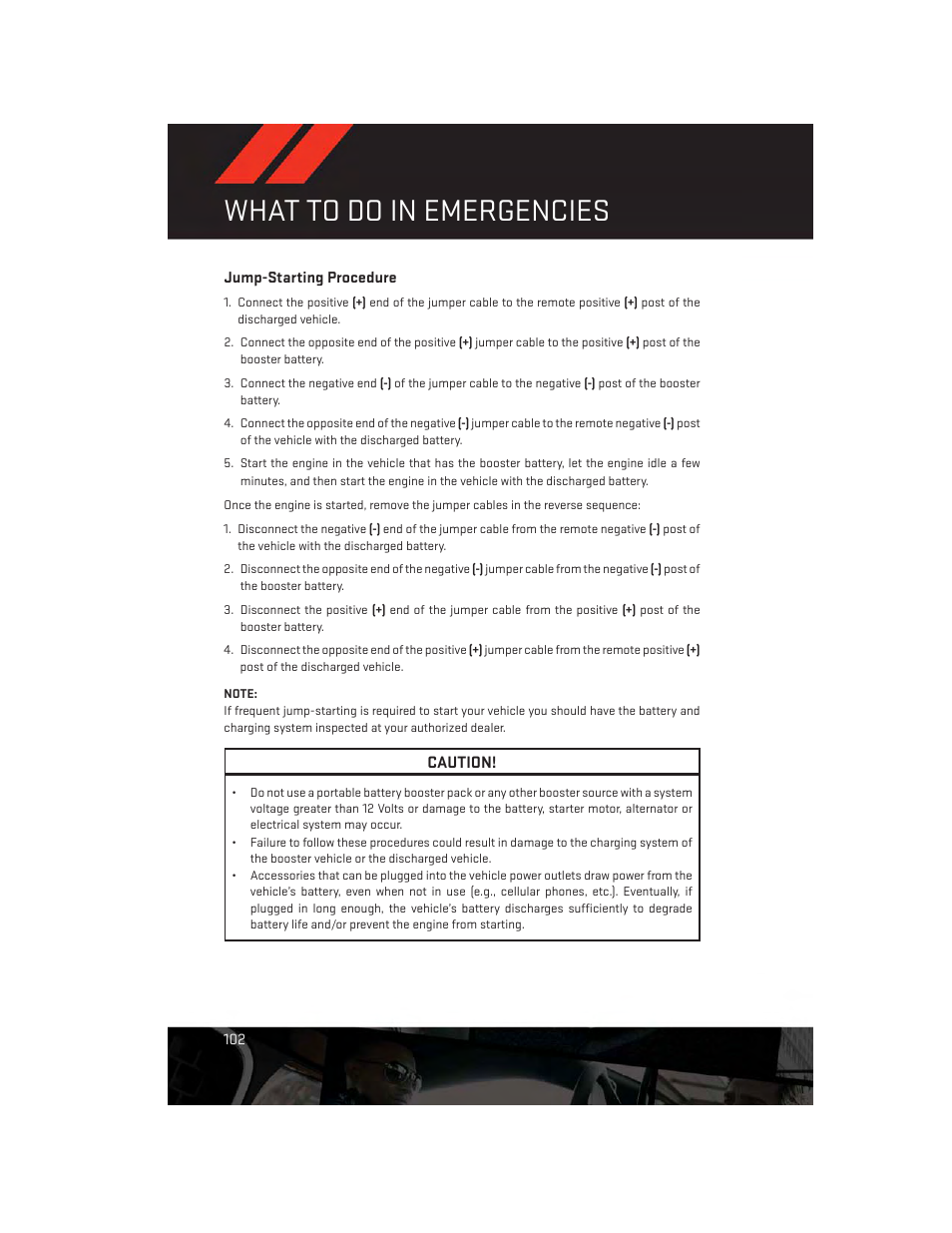 Jump-starting procedure, What to do in emergencies | Dodge 2014 Charger - User Guide User Manual | Page 104 / 148