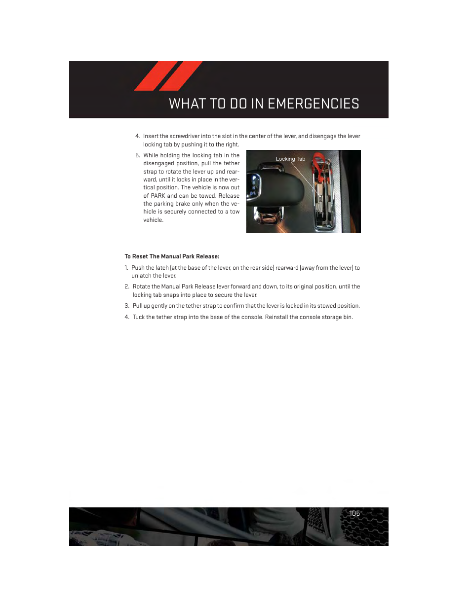 What to do in emergencies | Dodge 2014 Charger - User Guide User Manual | Page 107 / 148