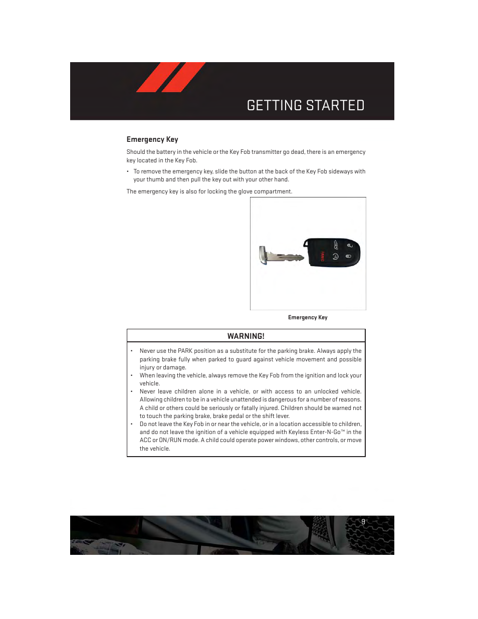 Emergency key, Getting started | Dodge 2014 Charger - User Guide User Manual | Page 11 / 148