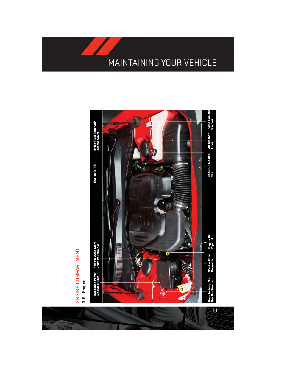 Engine compartment, 6l engine, Maintaining your vehicle | Dodge 2014 Charger - User Guide User Manual | Page 113 / 148