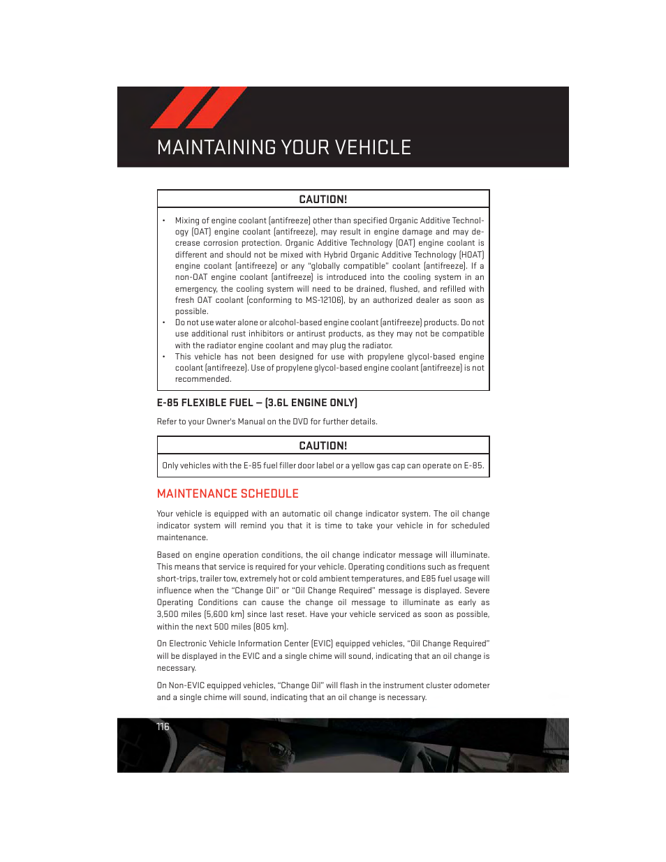 E-85 flexible fuel — (3.6l engine only), Maintenance schedule, Maintaining your vehicle | Dodge 2014 Charger - User Guide User Manual | Page 118 / 148