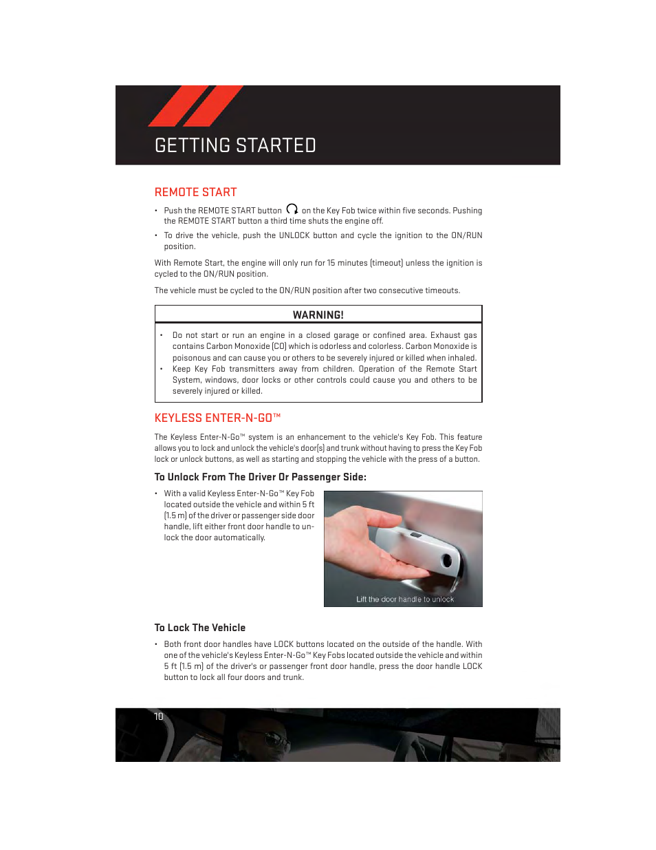 Remote start, Keyless enter-n-go, To unlock from the driver or passenger side | To lock the vehicle, Getting started | Dodge 2014 Charger - User Guide User Manual | Page 12 / 148