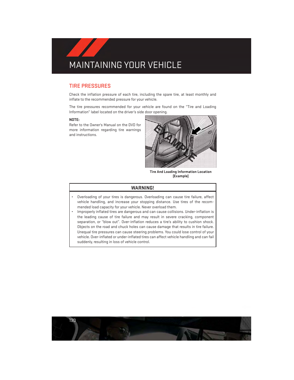 Tire pressures, Maintaining your vehicle | Dodge 2014 Charger - User Guide User Manual | Page 132 / 148