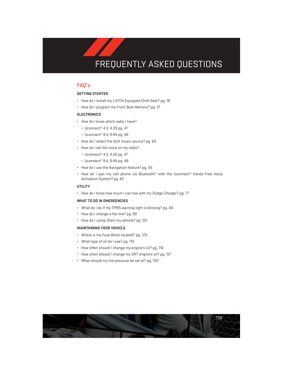 Frequently asked questions, Faq’s | Dodge 2014 Charger - User Guide User Manual | Page 137 / 148