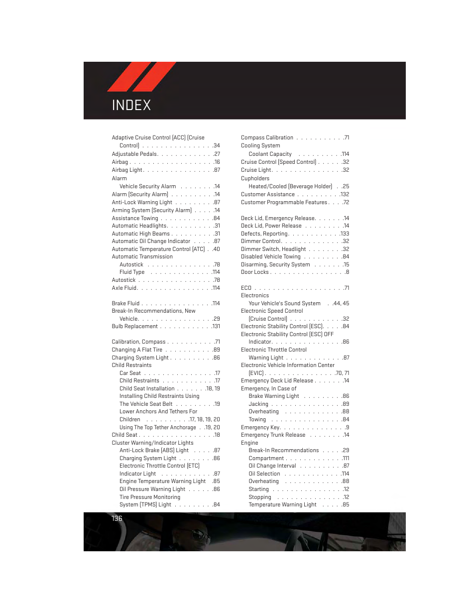 Index | Dodge 2014 Charger - User Guide User Manual | Page 138 / 148