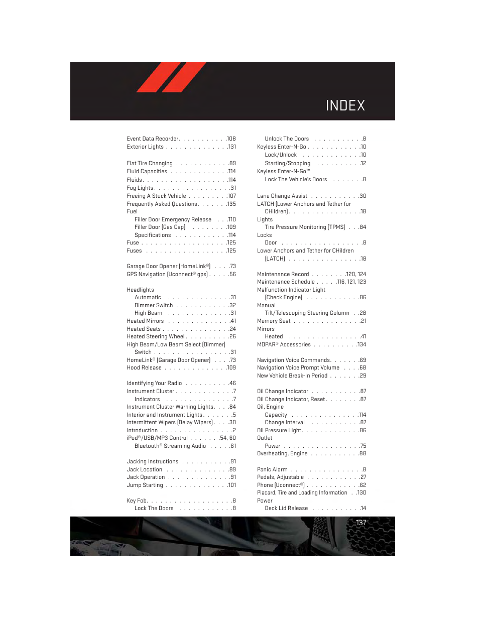 Index | Dodge 2014 Charger - User Guide User Manual | Page 139 / 148