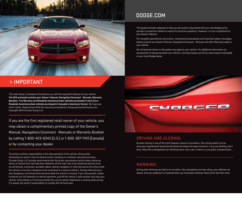 Important, Warning, Driving and alcohol | Dodge 2014 Charger - User Guide User Manual | Page 147 / 148