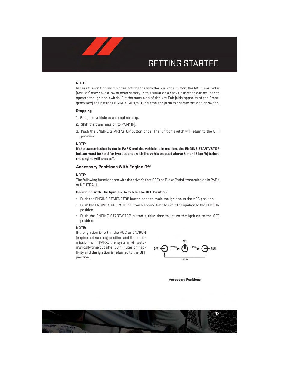 Accessory positions with engine off, Getting started | Dodge 2014 Charger - User Guide User Manual | Page 15 / 148