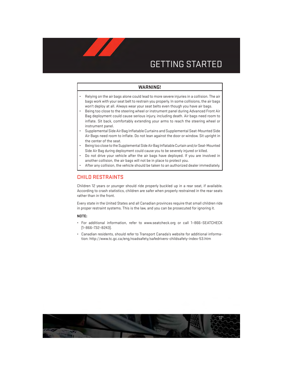 Child restraints, Getting started | Dodge 2014 Charger - User Guide User Manual | Page 19 / 148