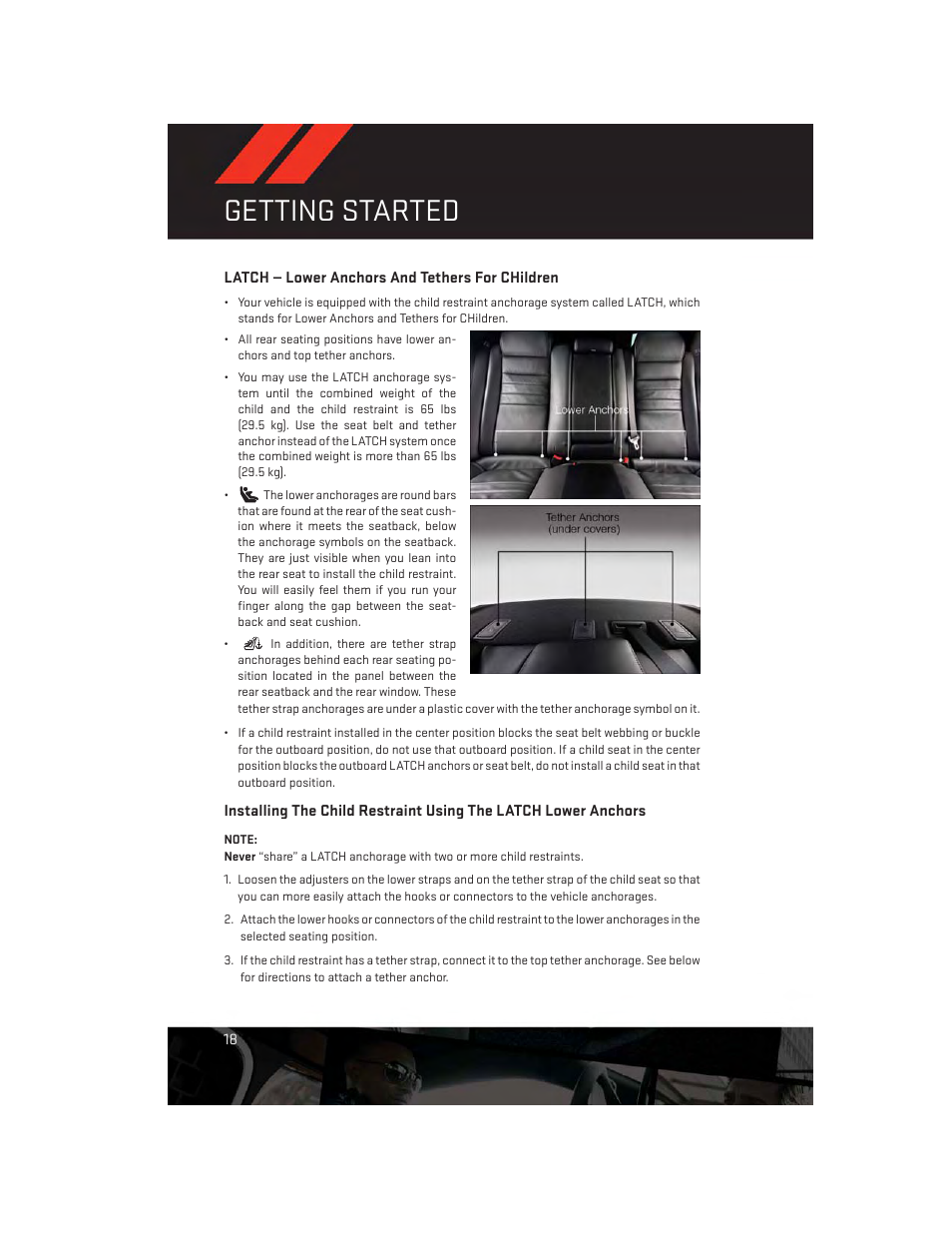 Latch — lower anchors and tethers for children, Getting started | Dodge 2014 Charger - User Guide User Manual | Page 20 / 148