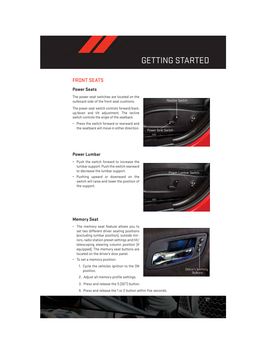 Front seats, Power seats, Power lumbar | Memory seat, Getting started | Dodge 2014 Charger - User Guide User Manual | Page 23 / 148