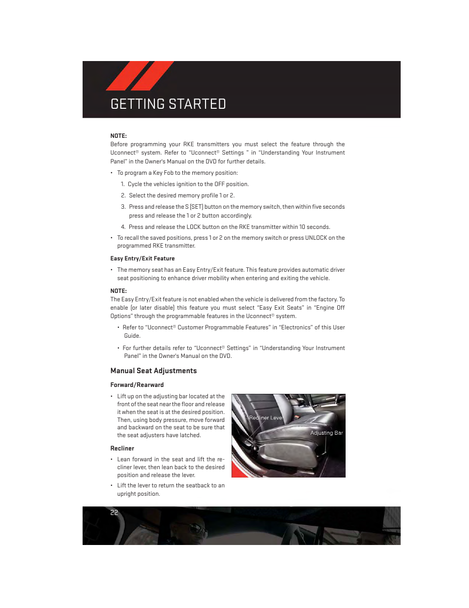 Manual seat adjustments, Getting started | Dodge 2014 Charger - User Guide User Manual | Page 24 / 148