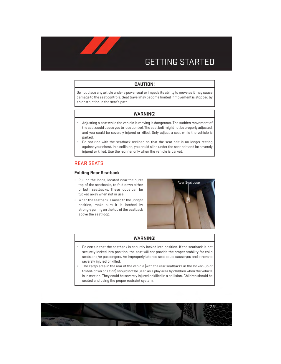 Rear seats, Folding rear seatback, Getting started | Dodge 2014 Charger - User Guide User Manual | Page 25 / 148