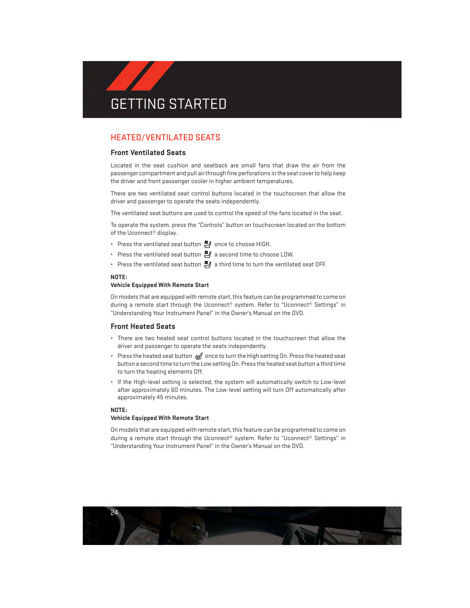 Heated/ventilated seats, Front ventilated seats, Front heated seats | Getting started | Dodge 2014 Charger - User Guide User Manual | Page 26 / 148