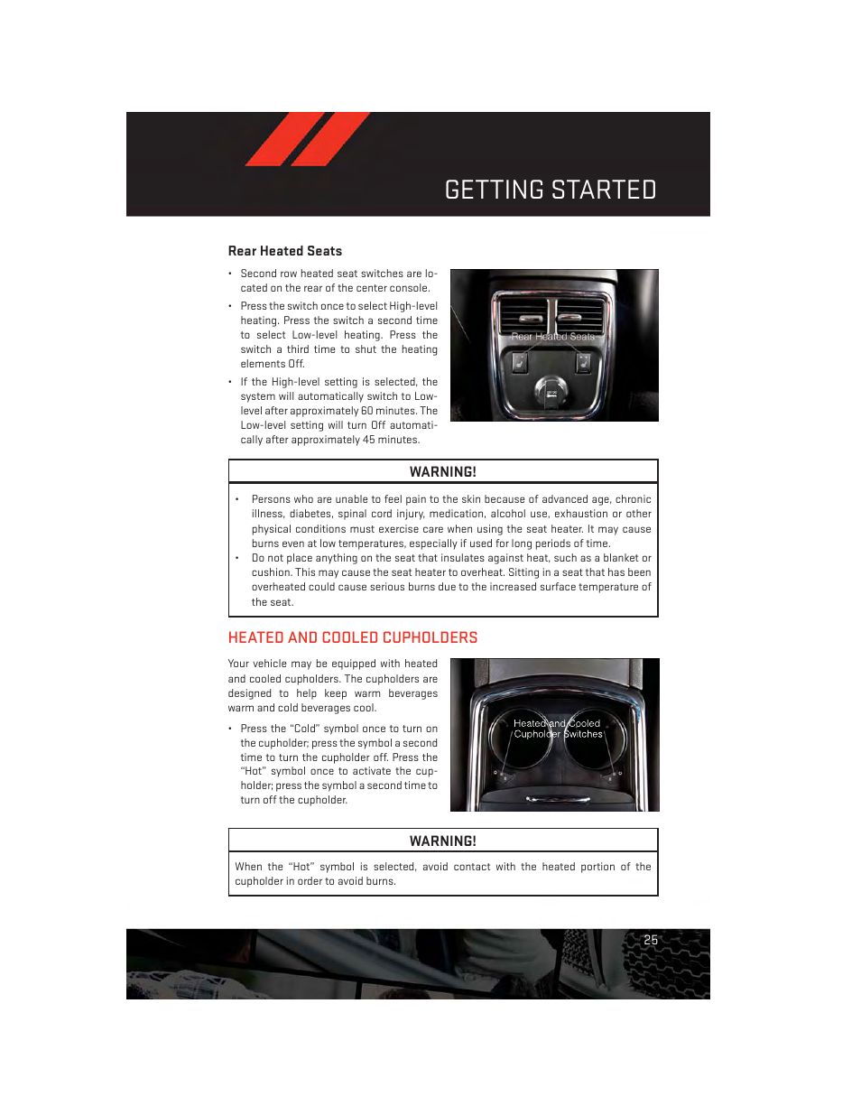 Rear heated seats, Heated and cooled cupholders, Getting started | Dodge 2014 Charger - User Guide User Manual | Page 27 / 148