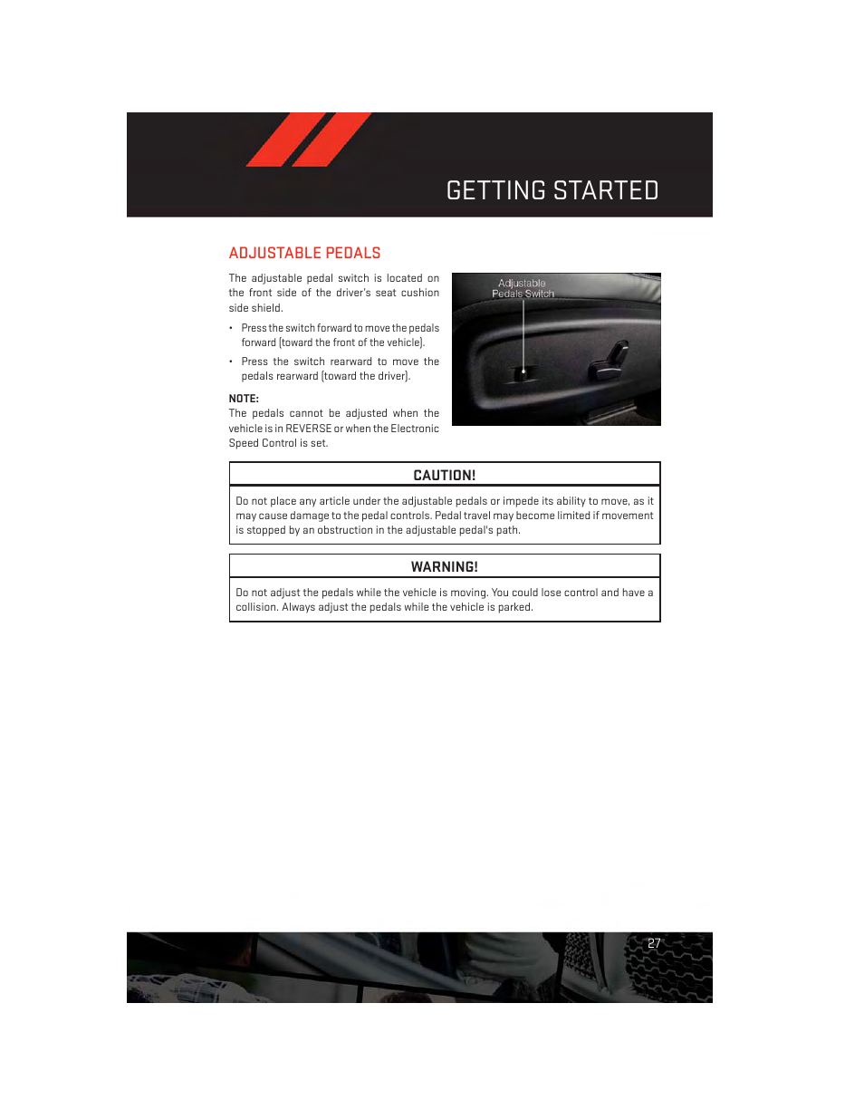 Adjustable pedals, Getting started | Dodge 2014 Charger - User Guide User Manual | Page 29 / 148