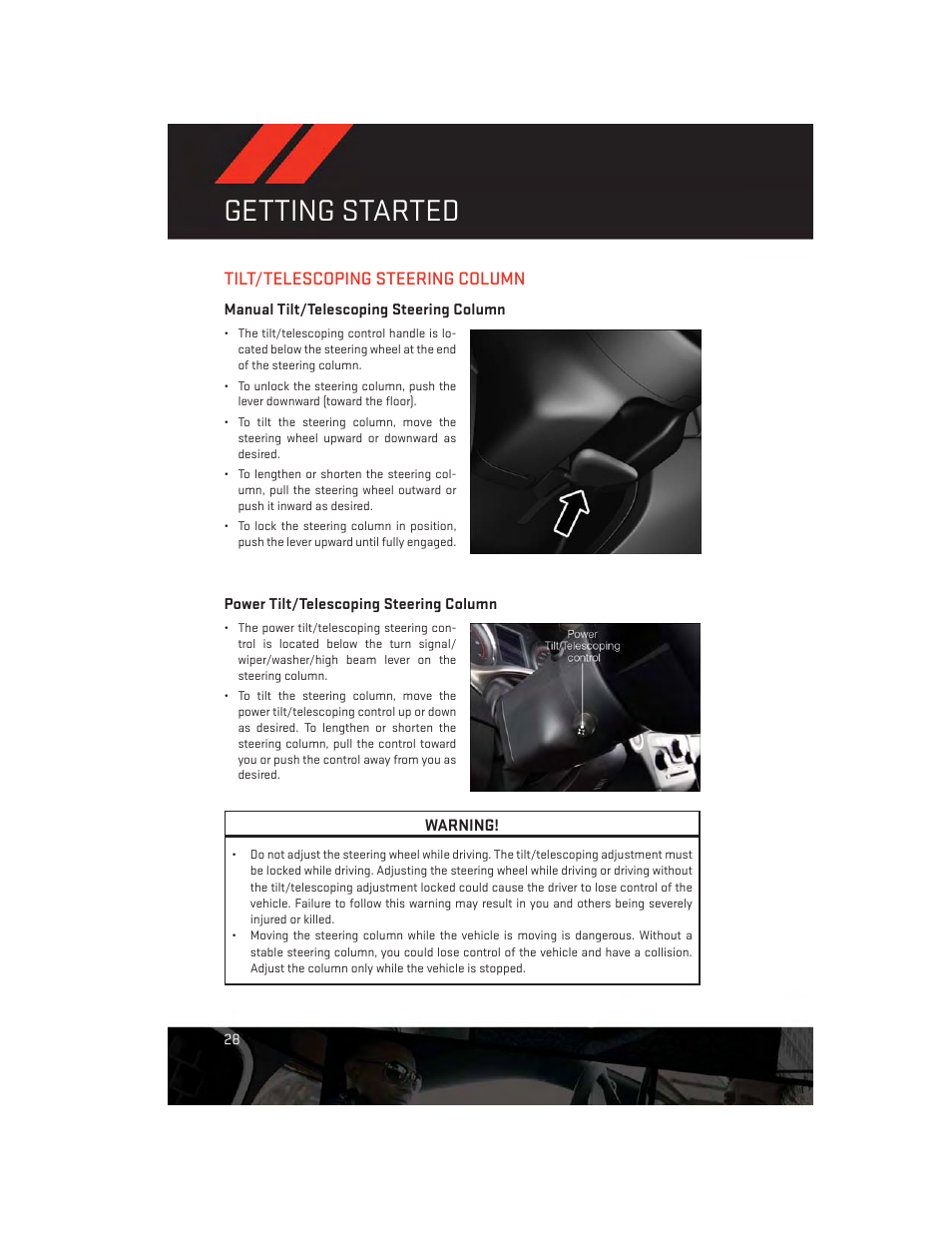 Tilt/telescoping steering column, Manual tilt/telescoping steering column, Power tilt/telescoping steering column | Getting started | Dodge 2014 Charger - User Guide User Manual | Page 30 / 148