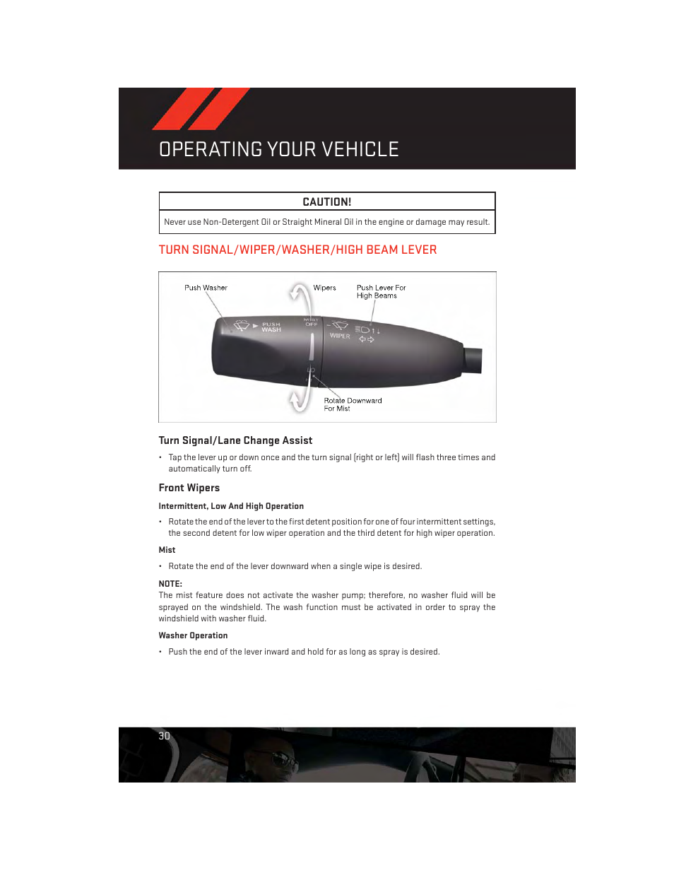 Turn signal/wiper/washer/high beam lever, Turn signal/lane change assist, Front wipers | Operating your vehicle | Dodge 2014 Charger - User Guide User Manual | Page 32 / 148